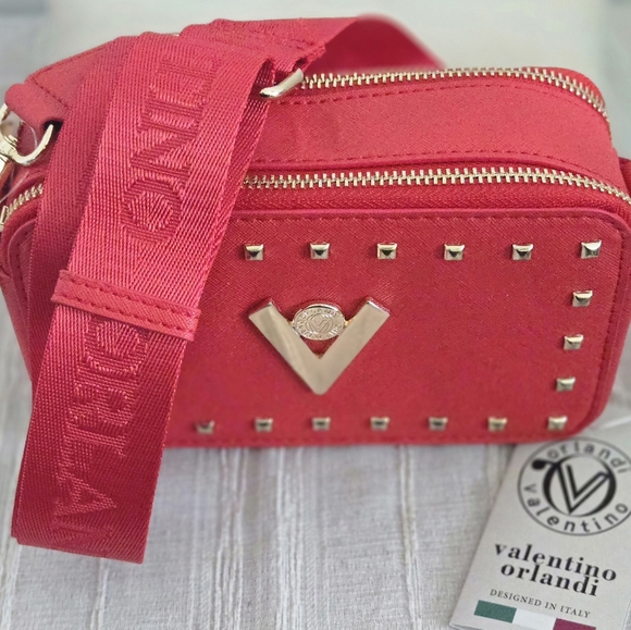 Valentino Orlandi Crossbody Camera Bag Red w/Gold Studding Retail $159 NWT - Picture 1 of 4